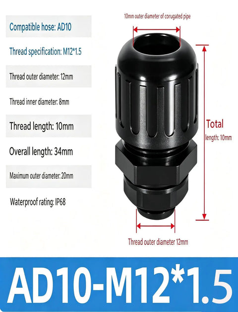 Rock Solid PA66 Nylon Corrugated Conduit Fitting Metric M Screw On Connector, M12*1.5, 34mm long, waterproof for cable sealing.