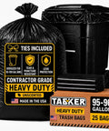 Hella Tough 95 Gallon Contractor Garbage Bags Built Like Armor For Industrial Sites With Easy Tie Necks Top Shelf 2 Mil Trash Can Liners Workhorse Strength Pack Of 25 with a heavy-duty black bag and trash can
