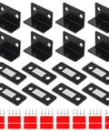 Ultra Thin Magnetic Drawer Catches Pack Of 16 With No Gap L Shaped Strike Plate Keeps Cabinets And Drawers Closed Tight 3mm Thick Magnet 2 Kilogram Hold Ideal For Doors Lids And Wardrobe Sliding Panels, showing L-shaped plates, magnets, screws, and adhesive pads.