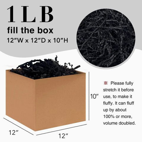 One Pound Crinkle Cut Paper Shred Filler For Gift Boxes Baskets And Bags Perfect For Holidays Parties Sub Boxes And Mailers Eco Friendly Recyclable Black Shredded Paper Packaging Filler inside 12x12x10 box