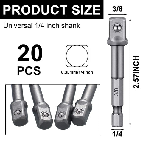20 Piece 3/8 Inch Impact Socket Adapter Set With Square Bit Adapters For Drills And Extensions, Hex Impact Socket Bits