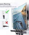 Outdoor 3 Outlet Power Splitter With 90 Degree Flat Plug 1 To 3 Way Outlet Adapter 1.5 Ft SJTW 16AWG 3 Prong Power Cord Extension With Outlet Cover For Holiday Lights And Decorations installed behind a TV showing space-saving configuration.