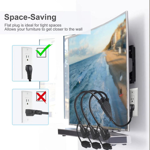 Outdoor 3 Outlet Power Splitter With 90 Degree Flat Plug 1 To 3 Way Outlet Adapter 1.5 Ft SJTW 16AWG 3 Prong Power Cord Extension With Outlet Cover For Holiday Lights And Decorations installed behind a TV showing space-saving configuration.