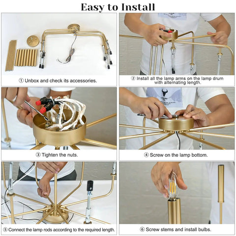 Installation steps for Dope Modern Farmhouse Gold 8 Light Rustic Candle Chandelier Industrial Hanging Light for Dining Room.