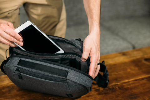 Lightweight 6L Crossbody Sling Bag For Travel And Everyday Carry with tablet in pocket, anti theft pocket system visible