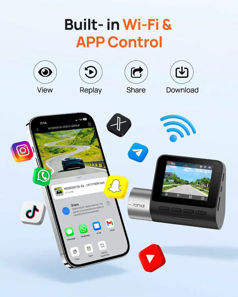 Smartphone showing app interface for 2.7K Front Dash Cam With Optional Rear Camera, built in WiFi and GPS connectivity icons displayed.