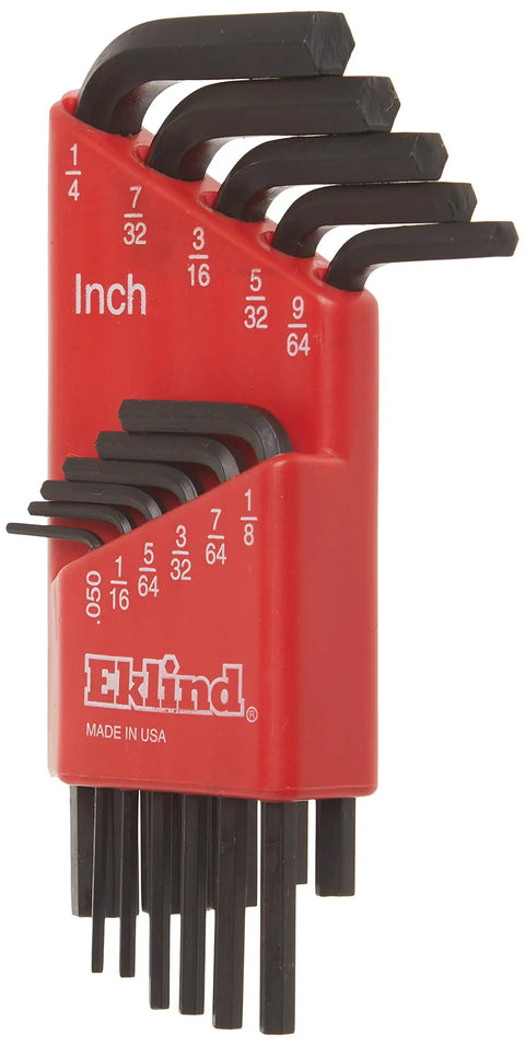 SAE Hex Key Set In Inch Sizes From.050 To 1/4, 11 Pc Short Series Allen Wrenches In Red Holder Made In USA