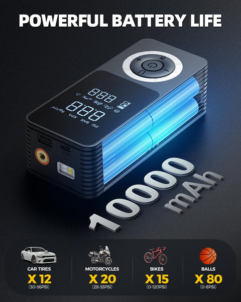 Cordless Tire Inflator Portable Air Pump With Digital Gauge And LED Light showcasing powerful battery life with 10000 mAh
