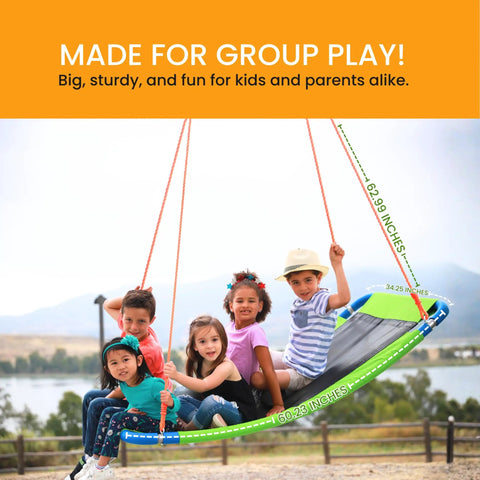Platform Swing Giant Rectangular Saucer For Kids And Adults with group of children, backyard setting, 60x34 inches