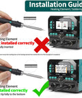 Installation guide for 992D-II 2-In-1 Precision Soldering Kit with heating element insertion instructions shown correctly and incorrectly.