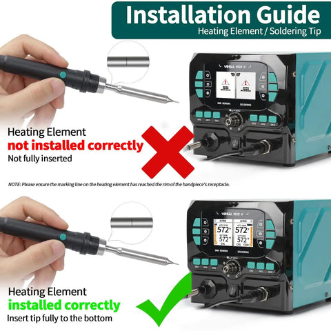 Installation guide for 992D-II 2-In-1 Precision Soldering Kit with heating element insertion instructions shown correctly and incorrectly.