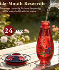 Heavy Duty 24 Oz Hummingbird Feeder For Outdoors Hangin With Thick Glass And Floral Decals, Leak Resistant Metal Base, Five Feeding Ports