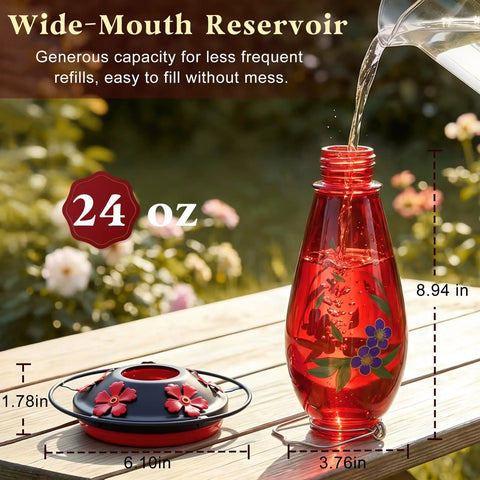 Heavy Duty 24 Oz Hummingbird Feeder For Outdoors Hangin With Thick Glass And Floral Decals, Leak Resistant Metal Base, Five Feeding Ports