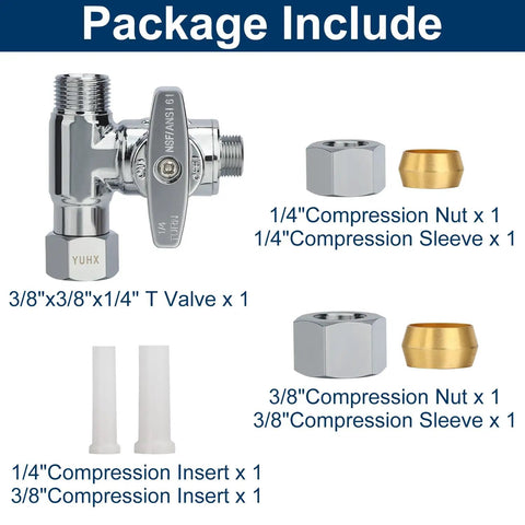 Add A Tee Brass Angle Stop Valve Three Eighths By Three Eighths By One Quarter Compression Tee For Fridge Ice Maker RO Systems Easy Install 3 Way Diverter Water Line Splitter For Water Filters with fittings included