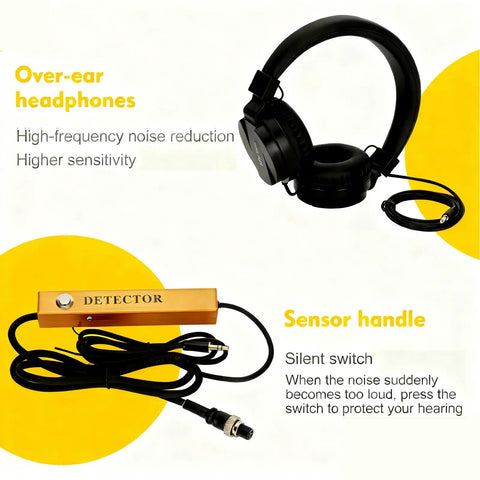 Underground Water Leak Detector With Ultrasonic Geophone Sensor Digital Display Earphone And Carrying Case For Indoor Outdoor Plumbing Leak Detection On Water Pipes Up To 9.8 Feet Deep For Home And Job Sites, featuring sensors and headphones.