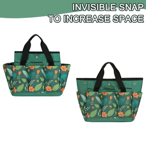 Waterproof Garden Tool Bag With 8 Side Pockets And Big Main Compartment, floral design, showcasing expandable capacity