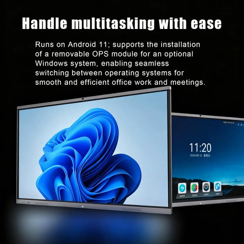 Premium 65 Inch 4K Touch Screen Display On Slick Rolling Cart Base Featuring Dual System Compatible, showcasing Android 11 with Windows option.