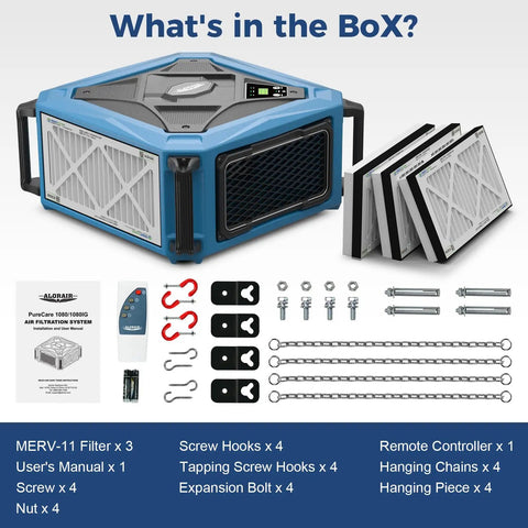 Heavy Duty Hanging Dust Filtration System With 270 Degree Intake 780 And 1080 CFM Built In Ionizer Remote Control Kit