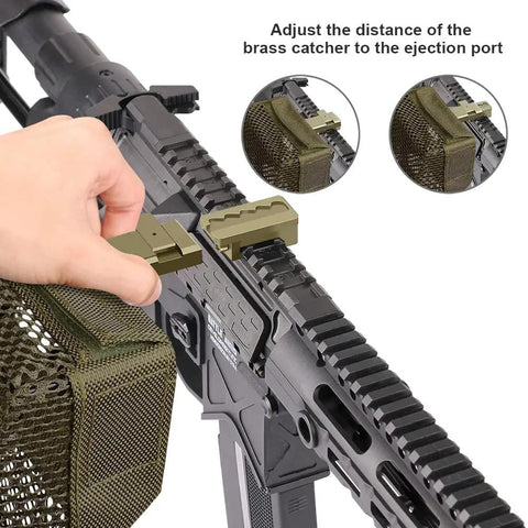 Heat Resistant AR Brass Catcher Net With Quick Release Zipper And Dual Picatinny Mounts, Thickened Nylon Frame Holds 100 Plus Casings For Easy Range Cleanup, Khaki, attached to rifle with hand adjusting mount