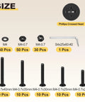 Solid Gear M4-0.7 Flat Head Machine Bolt Nut Assortment Kit With 180 Pieces Carbon Steel Heavy Duty Fasteners With Locknuts Washers Hex Key Wrench Great For Home Diy Furniture Assembly Black Hardware Set Fix It Yourself No Stress, M4 sizes and parts layout