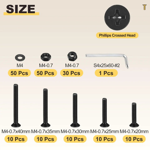 Solid Gear M4-0.7 Flat Head Machine Bolt Nut Assortment Kit With 180 Pieces Carbon Steel Heavy Duty Fasteners With Locknuts Washers Hex Key Wrench Great For Home Diy Furniture Assembly Black Hardware Set Fix It Yourself No Stress, M4 sizes and parts layout