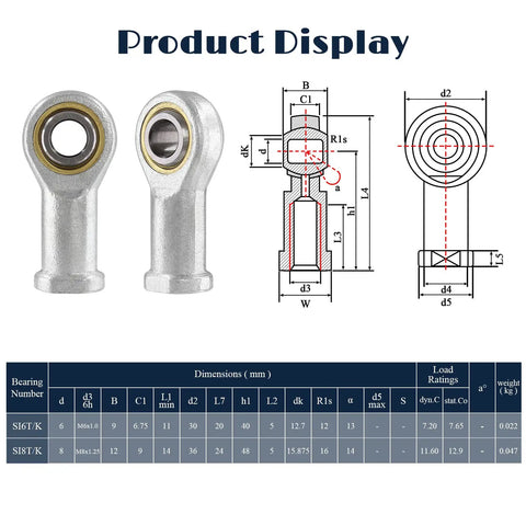 6mm Inside Diameter Rod End Bearing M6 1.0 Female SI6TK 4 Pack Heavy Duty High Load Carbon Steel Body White Galvanized Copper Gasket Hardened Bearing Steel Ball Joint For Low Noise Precision And Long Life, shown with dimensions