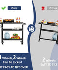 Comparison of Outdoor Grill Cart And Prep Table For Patio 31.5 By 17.7 Inch Rolling BBQ Station with four wheels versus two wheels.