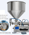 Slick Horizontal Pneumatic Bottle Filler And Liquid Paste Filling Machine With Straight Up Reliable Operation, 40L Hopper Size, Stainless Steel Frame, And Hella Accurate Dosing For Lotions Shampoos Honey And Massage Oils, featuring stainless steel rotary valve and check valve.