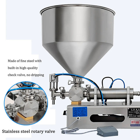 Slick Horizontal Pneumatic Bottle Filler And Liquid Paste Filling Machine With Straight Up Reliable Operation, 40L Hopper Size, Stainless Steel Frame, And Hella Accurate Dosing For Lotions Shampoos Honey And Massage Oils, featuring stainless steel rotary valve and check valve.