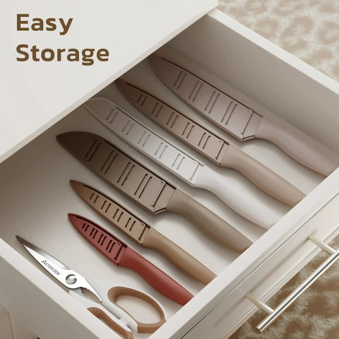 Drawer with Workhorse 13 Piece Kitchen Knife Set With Anti Rust Coating Keeps Blades Sharp including shears and blade guards