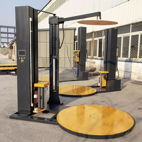 Built Like A Tank Automatic Pallet Wrapper With Plc Touchscreen Panel and Heavy Duty Welded Steel Frame visible in warehouse.