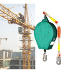 Hella Tough Self Retracting Lanyard Fall Protection Kit For Confined Spaces And Industrial Sites Featuring Smooth Swivel Steel Hook And No Fuss 164 Foot Wire Rope Safety Gear with yellow and green design.