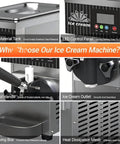 Heavy Lifter Commercial Ice Cream Maker With 450W Compressor And No Sweat Self Cleaning Air Cooled Setup Hustle Ready Frozen Dessert Machine For Busy Cafes control panel, handle, and raw material tank details.