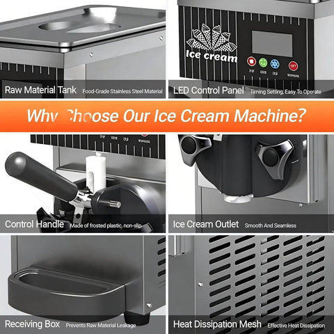 Heavy Lifter Commercial Ice Cream Maker With 450W Compressor And No Sweat Self Cleaning Air Cooled Setup Hustle Ready Frozen Dessert Machine For Busy Cafes control panel, handle, and raw material tank details.