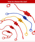 Assorted sizes of red, blue, and yellow hydraulic dust caps for compatibility with various coupler sizes, displayed laid out horizontally.