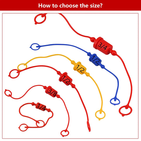 Assorted sizes of red, blue, and yellow hydraulic dust caps for compatibility with various coupler sizes, displayed laid out horizontally.