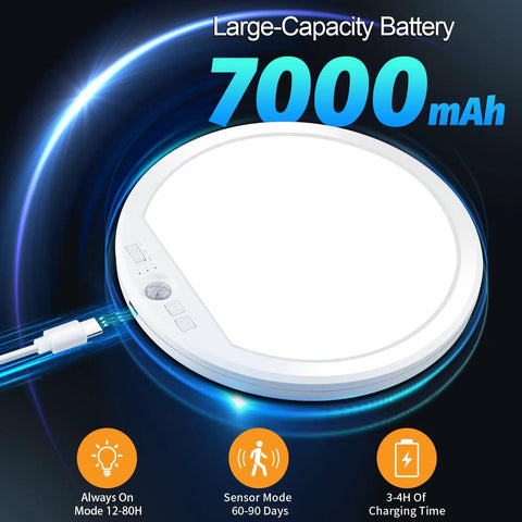 Rechargeable Motion Sensor Ceiling Light With Remote USB C Battery Powered LED 7000mAh capacity and charging time indicators.