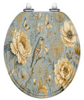 Round Luxury ornate for creating textiles paper Print gold Toilet Seat featuring floral and bird design on blue background.