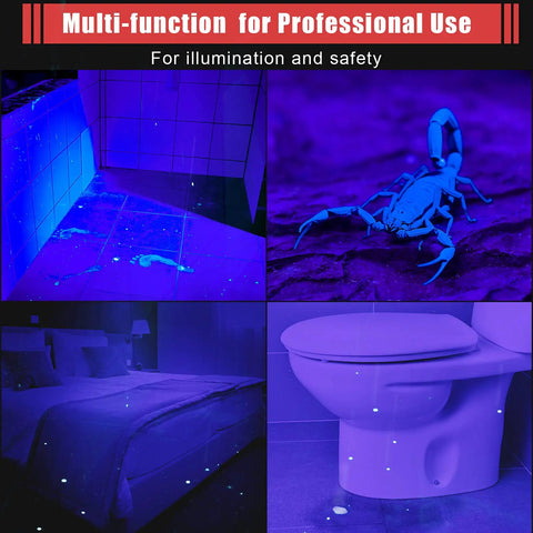 Demonstration of 4 Pack UV Black Light Pen Lights for Urine Leaks and Stain Detection highlighting stains on surfaces.