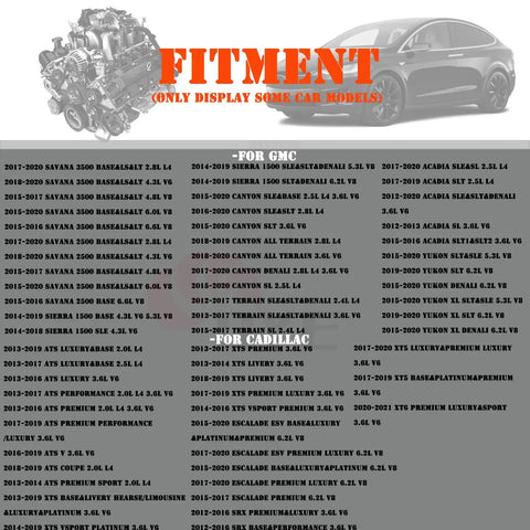 List of compatible GM and Cadillac car models for Mass Air Flow Sensor MAF 23262343 with an engine graphic and car silhouette.