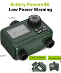 2 Zone Programmable Sprinkler Timer With Rain Delay For Outdoor Lawn And Garden Irrigation Automatic Watering System For Hoses Waterproof Controller With Large LCD Display showing dimensions and battery info