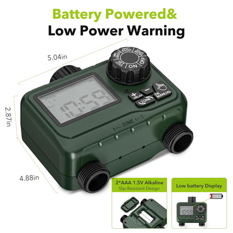 2 Zone Programmable Sprinkler Timer With Rain Delay For Outdoor Lawn And Garden Irrigation Automatic Watering System For Hoses Waterproof Controller With Large LCD Display showing dimensions and battery info