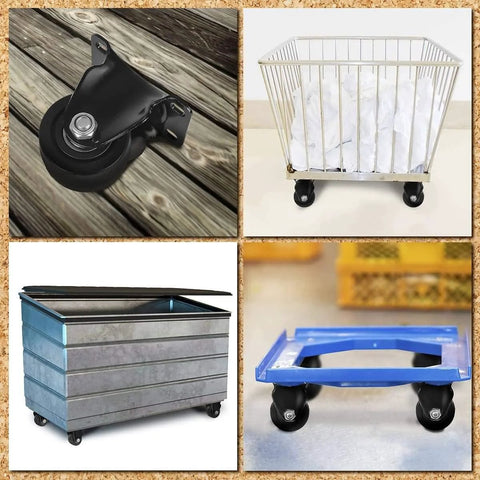 Collage showing 2.5 Inch Heavy Duty Polyurethane Caster Wheels Pack Of 4 in use on carts and trolleys, industrial grade