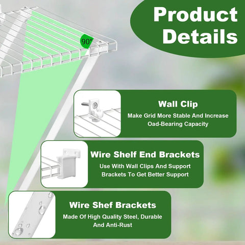 Image showing 8 Pack 12 Inch Wire Shelf Brackets White Heavy Duty Shelf Support with details like wall clip and rust resistance features.