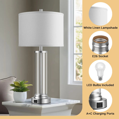Touch Control Table Lamps Set Of 2 With USB A And USB C Ports, 3 Way Dimmable Bedside Lamps For Bedroom And Living Room, Modern Nightstand Lamps With Two LED Bulbs