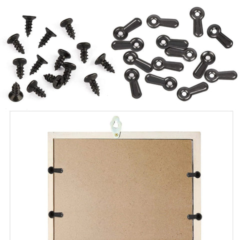 Picture frame hardware set with black metal screws and turn-button fasteners, 300 pieces.