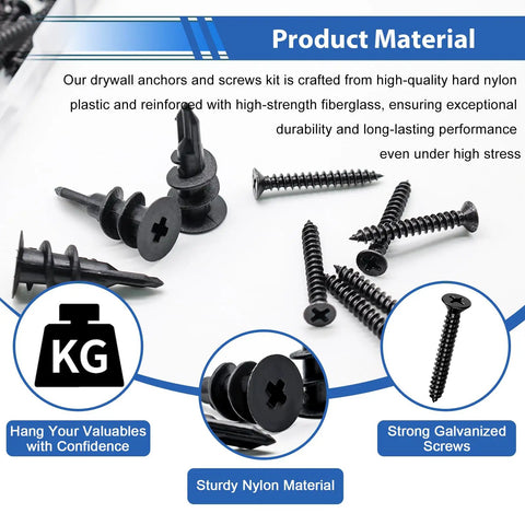 Close-up of Built Tough Self Drilling Drywall Anchors With Screws Kit, showing black nylon anchors and strong galvanized screws.