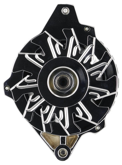 Powermaster chrome GM TPI 100 Amp alternator, front view.
