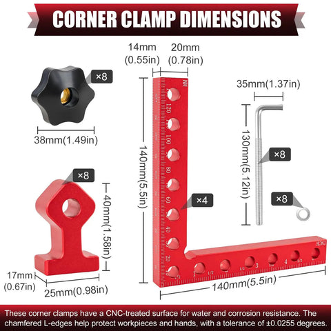 Corner Clamps For Woodworking 4 Pack 5.5 Inch Aluminum Alloy 90 Degree Right Angle Clamp dimensions chart with parts