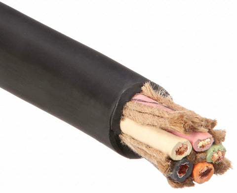 Kickin Heavy Duty 12AWG Five Conductors SOOW Portable Power Cable 600Volt Black 100Foot showing exposed conductors and durable coating.